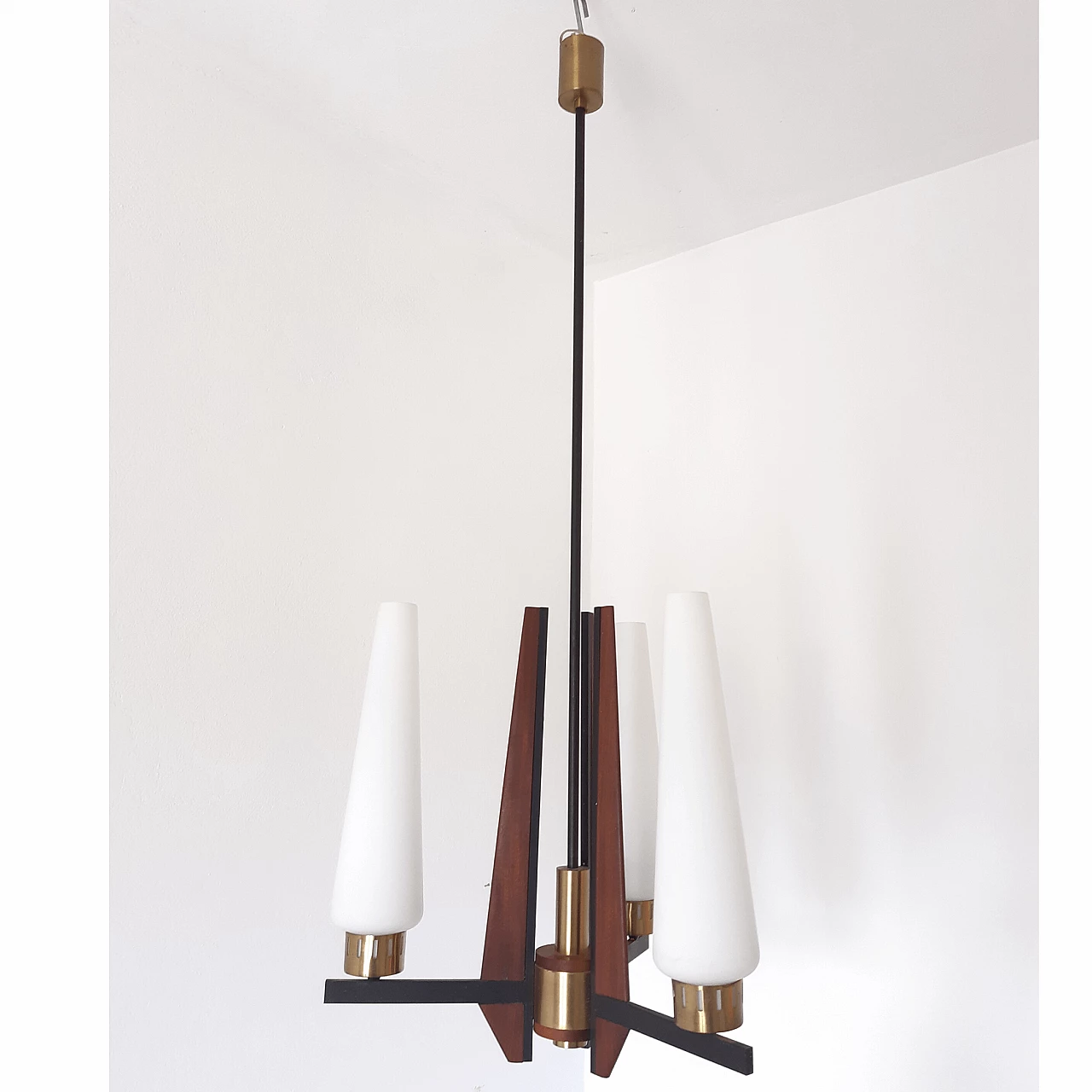 Glass, metal and teak chandelier, Stilnovo style, 1950s 1339828