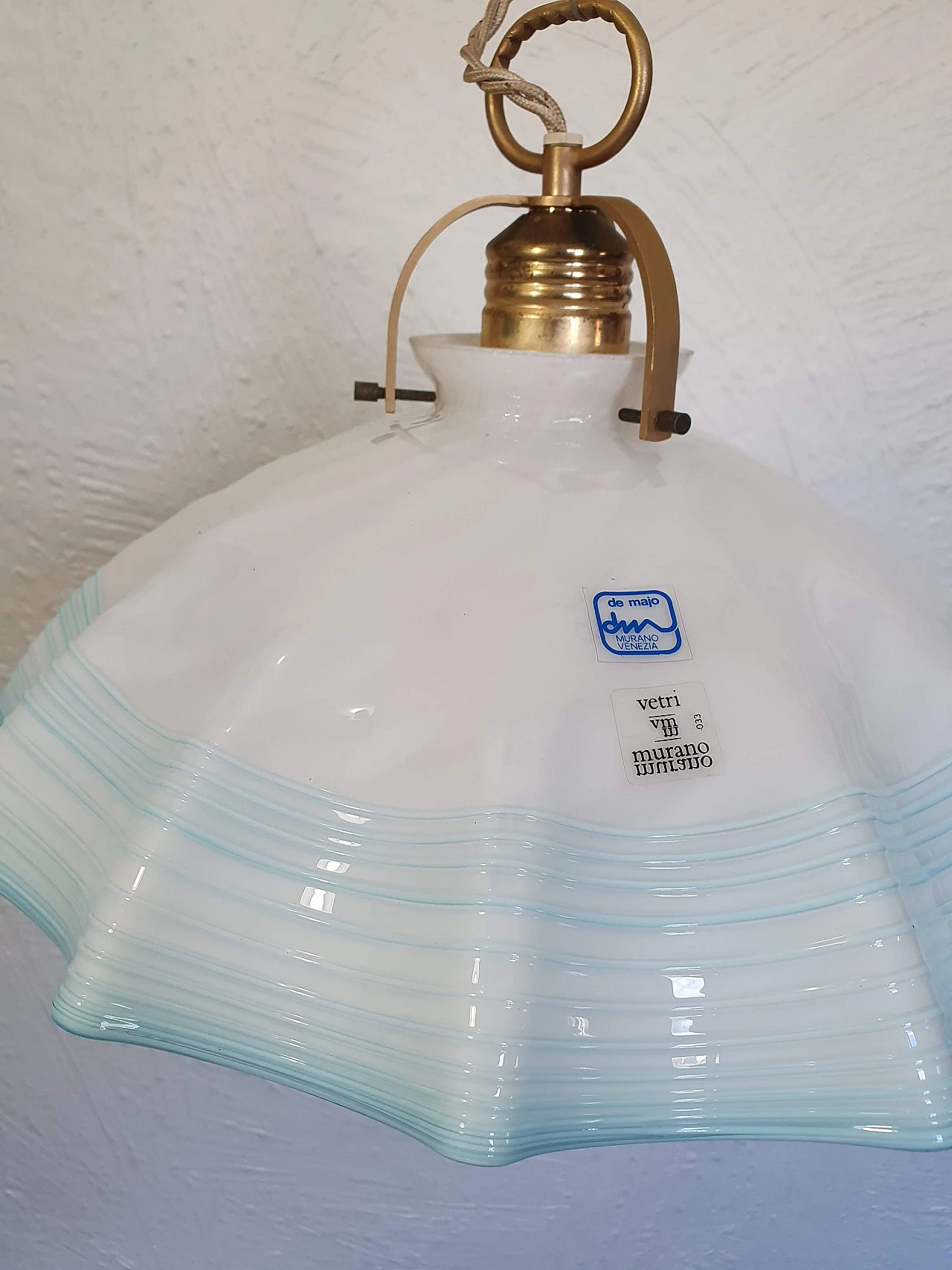 Lampada da soffitto in vetro di Murano bianco e blu di De Majo, anni '60 1339846