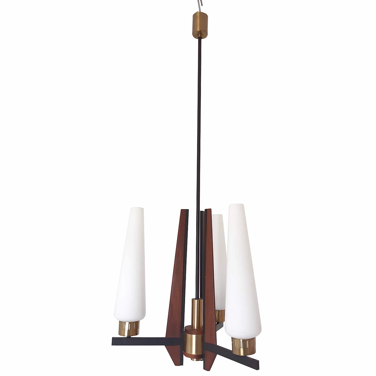 Lampadario in vetro, metallo e teak stile Stilnovo, anni '50 1340323