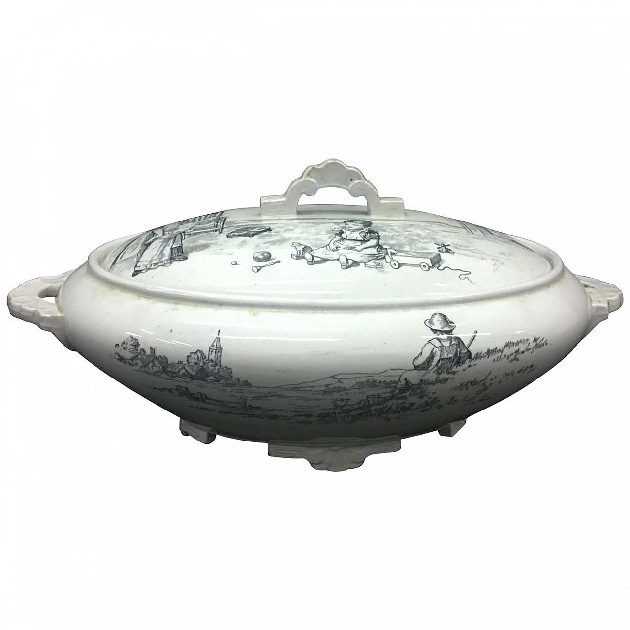 Victorian soup tureen in black and white ceramic, 19th Century 1345243