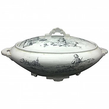 Victorian soup tureen in black and white ceramic, 19th Century