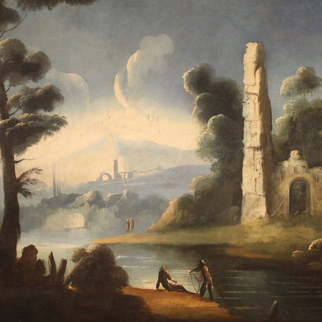 River landscape with ruins, oil painting on canvas, 18th century 1357241