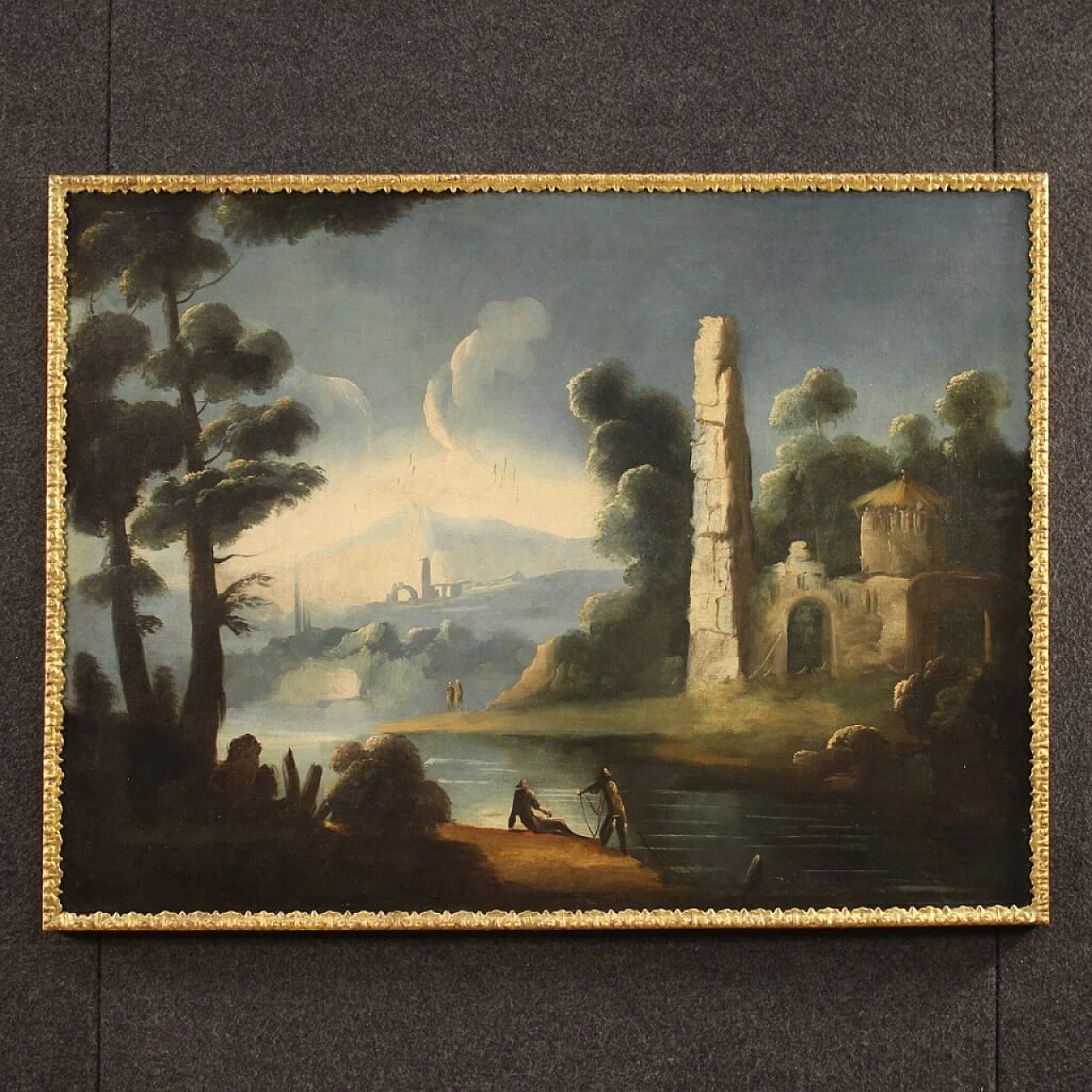 River landscape with ruins, oil painting on canvas, 18th century 1357242