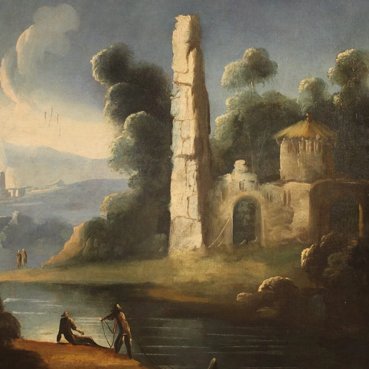 River landscape with ruins, oil painting on canvas, 18th century 1357243