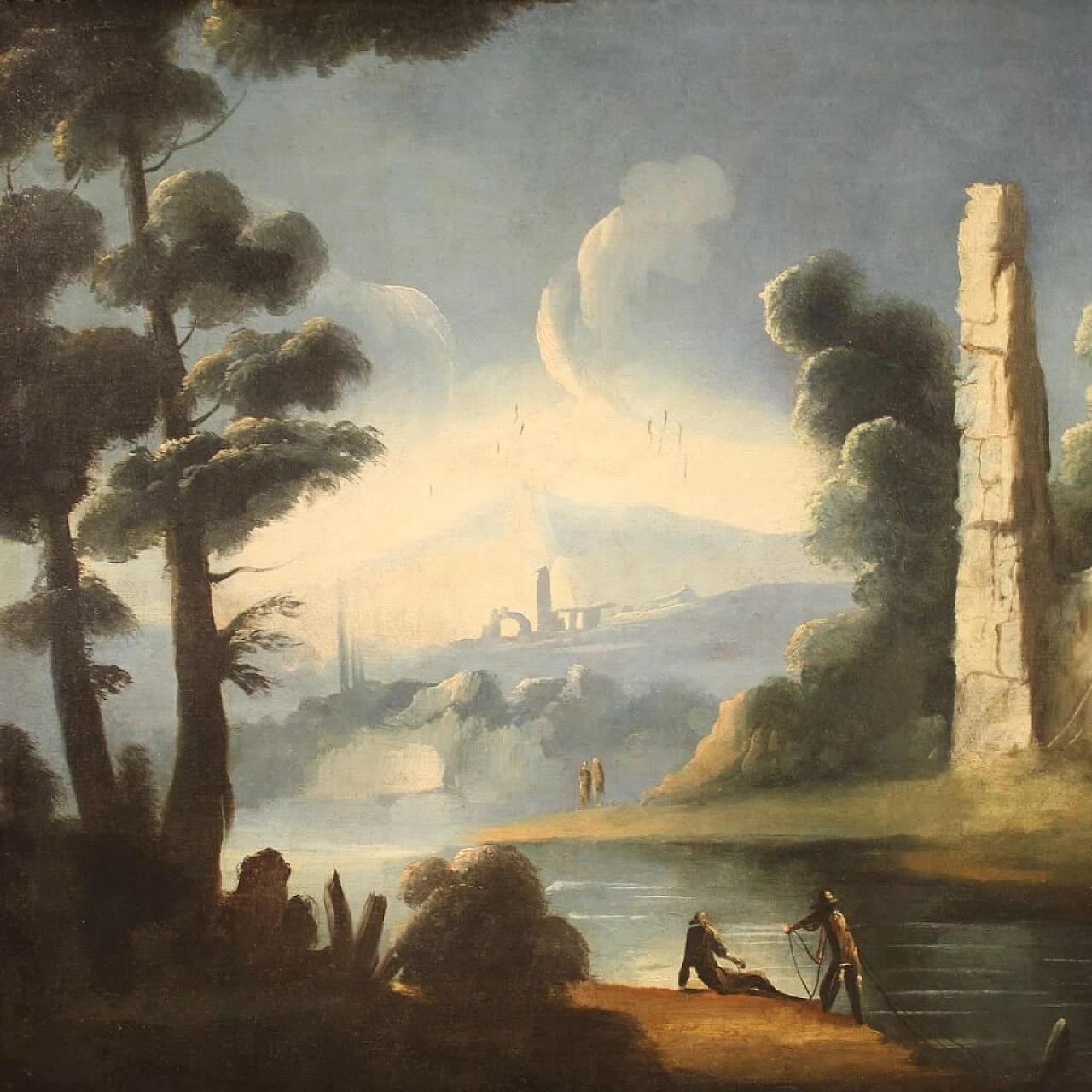 River landscape with ruins, oil painting on canvas, 18th century 1357244