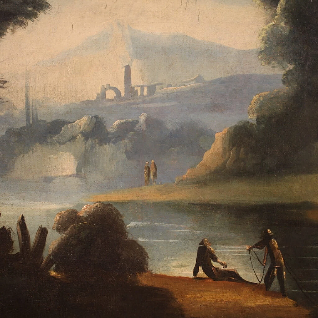 River landscape with ruins, oil painting on canvas, 18th century 1357245