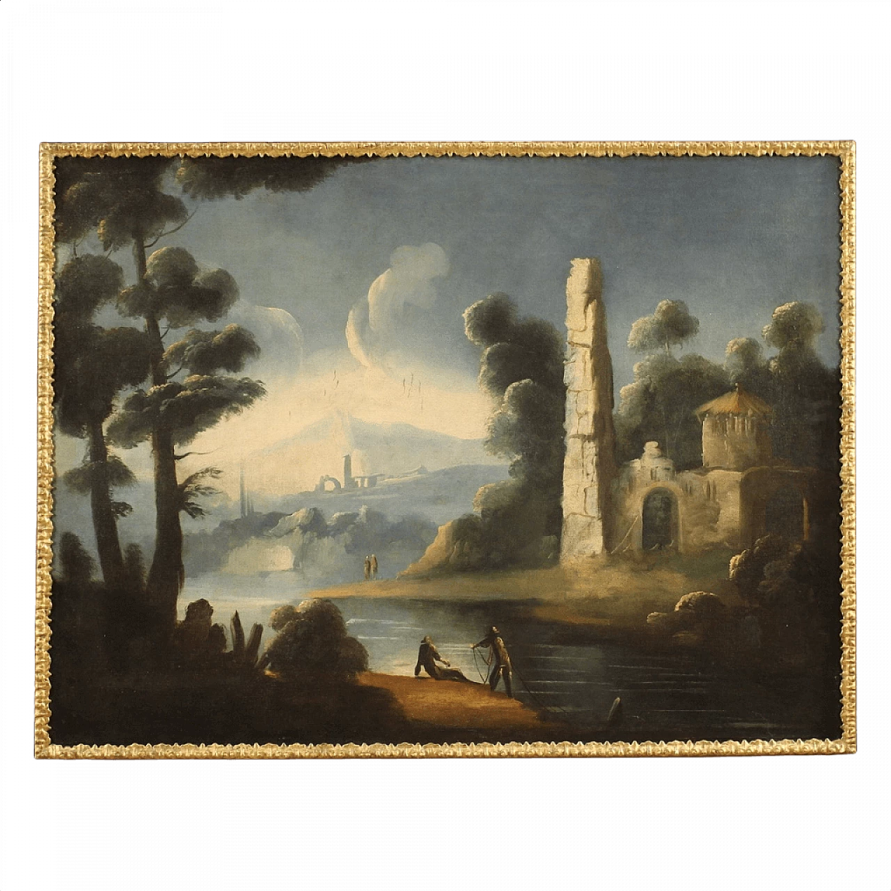 River landscape with ruins, oil painting on canvas, 18th century 1359286