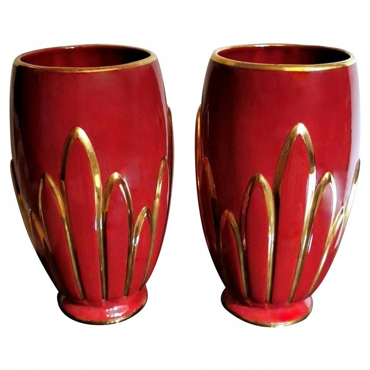 Pair of Art Deco vases in glazed terracotta with pure gold decorations, 40s 1360555