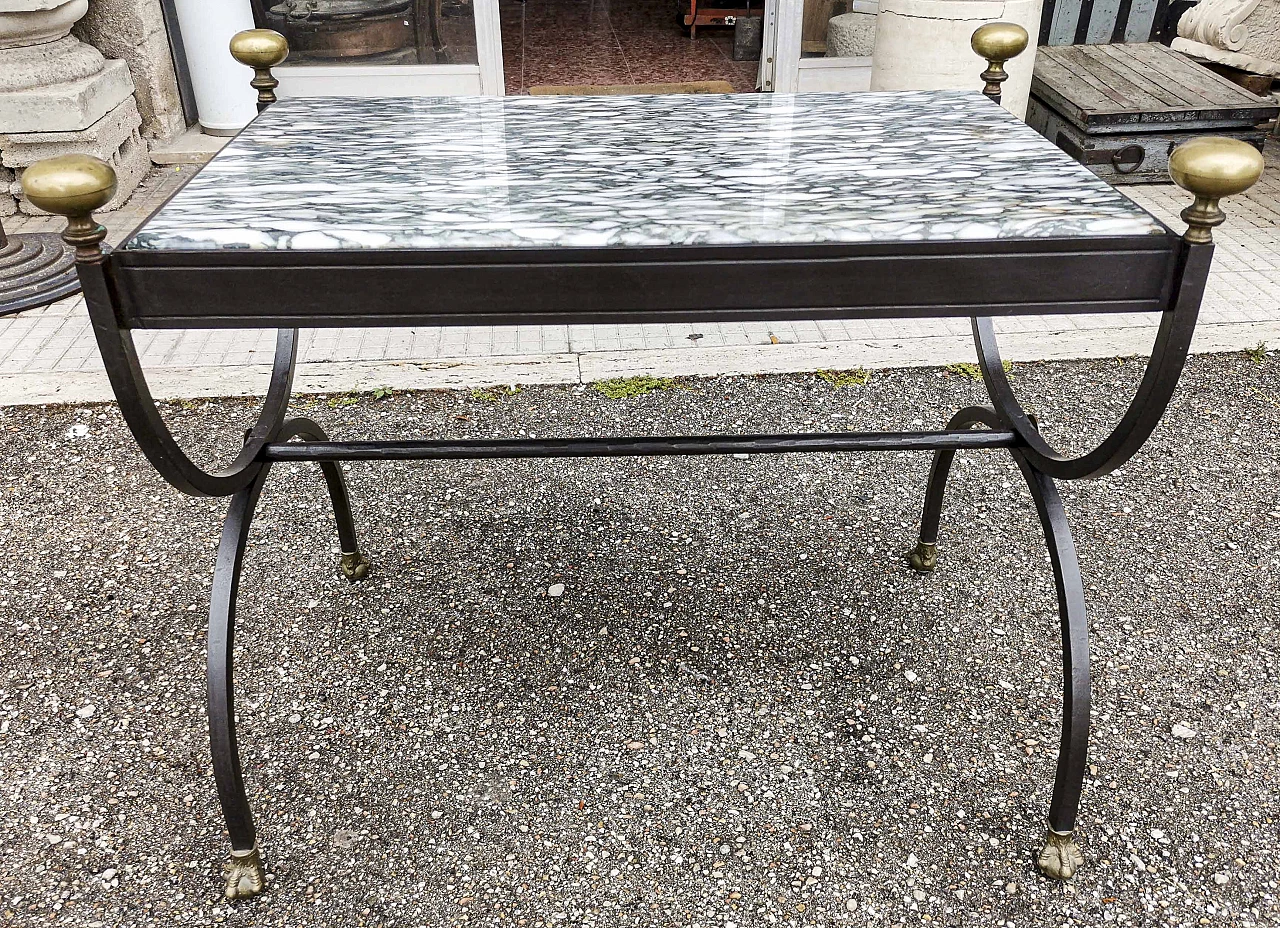 Coffee table in wrought iron with brass feet and bevelled marble top, 80s 1364267