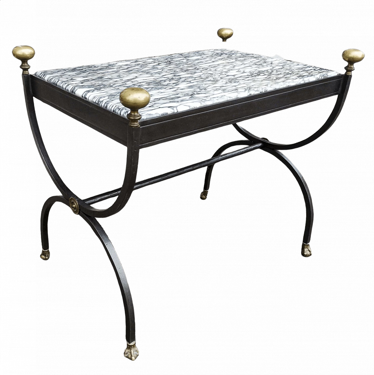 Coffee table in wrought iron with brass feet and bevelled marble top, 80s 1364333