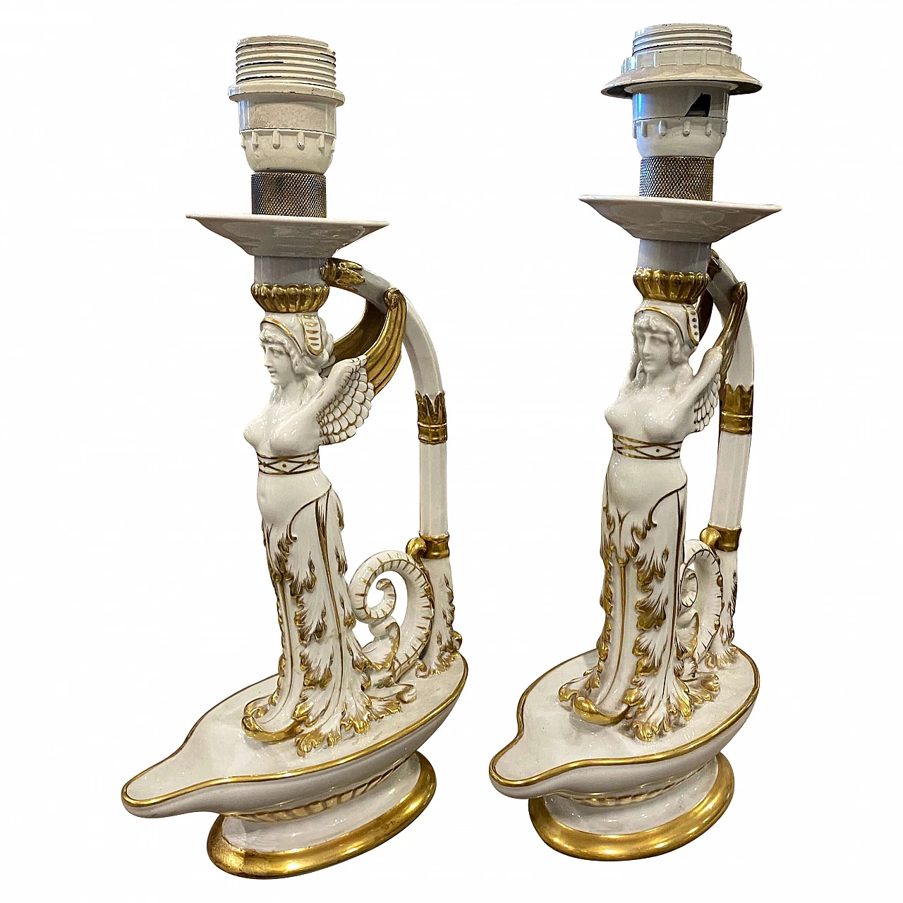 Pair of Neoclassical table lamps in Capodimonte porcelain, 20th century 1368965