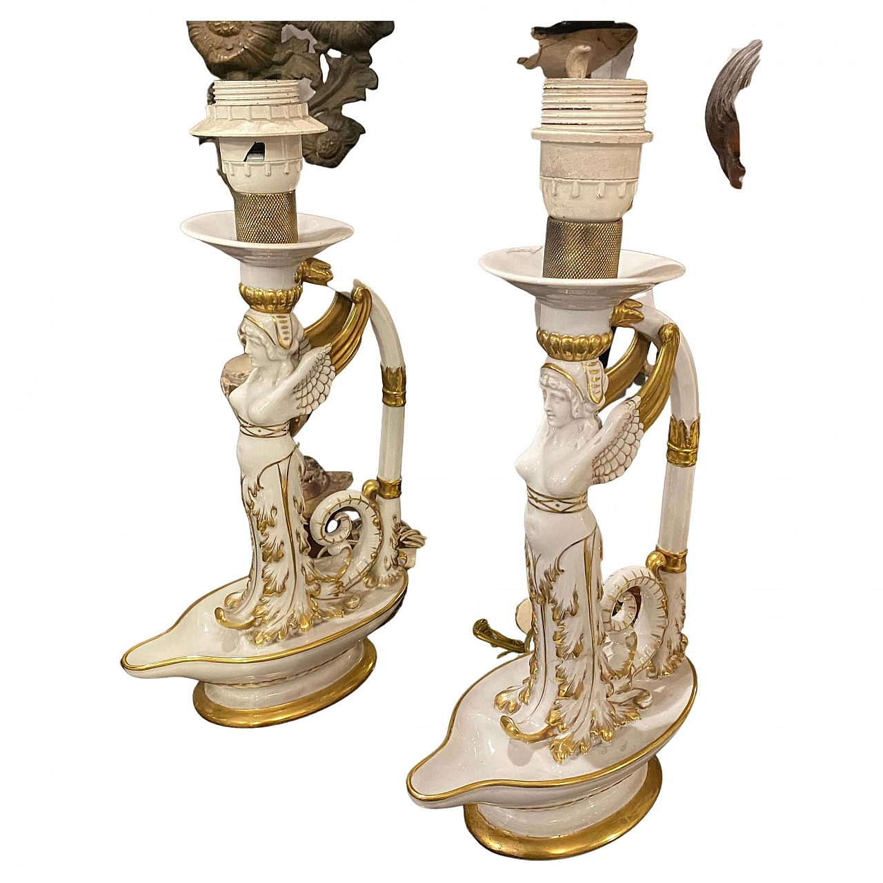 Pair of Neoclassical table lamps in Capodimonte porcelain, 20th century 1368966