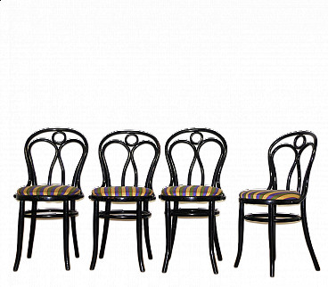 4 sedie nere Thonet con seduta in tessuto, anni '50
