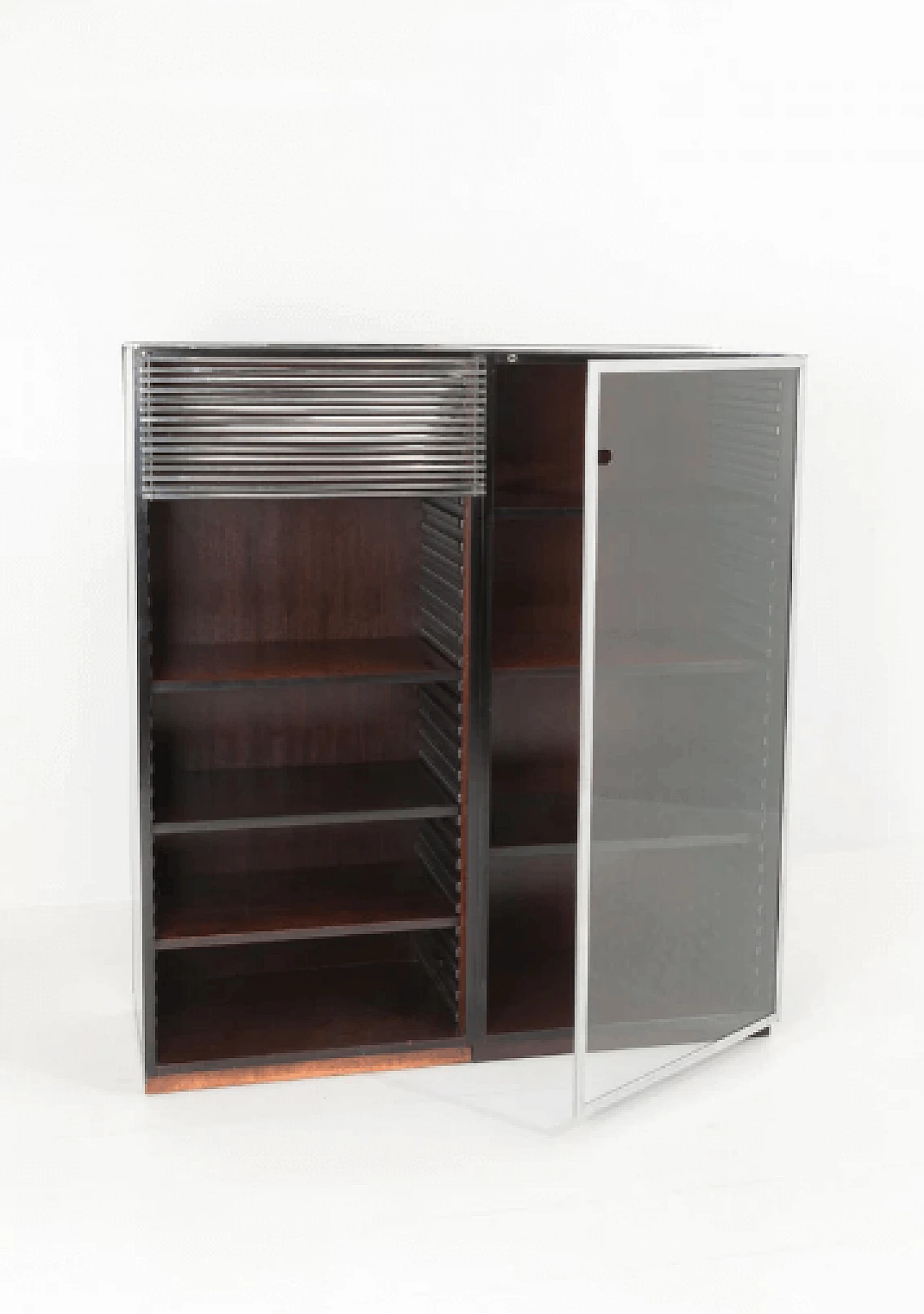 Showcase in wood, chromed steel and glass, '70s 1375564