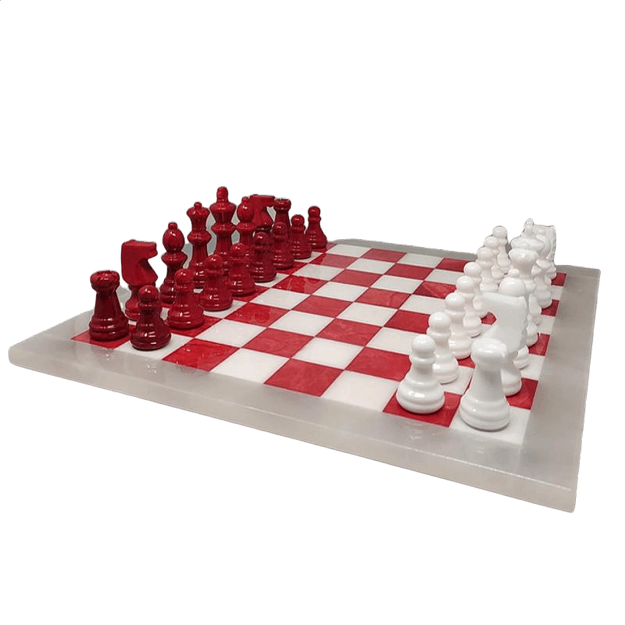 Red and white chess set in alabaster from Volterra, 70s 1376564