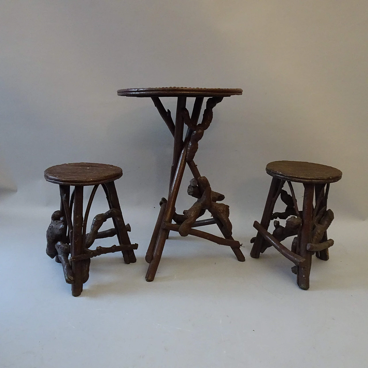 Coffee table and pair of stools in wood and bamboo, 1930s 1378212