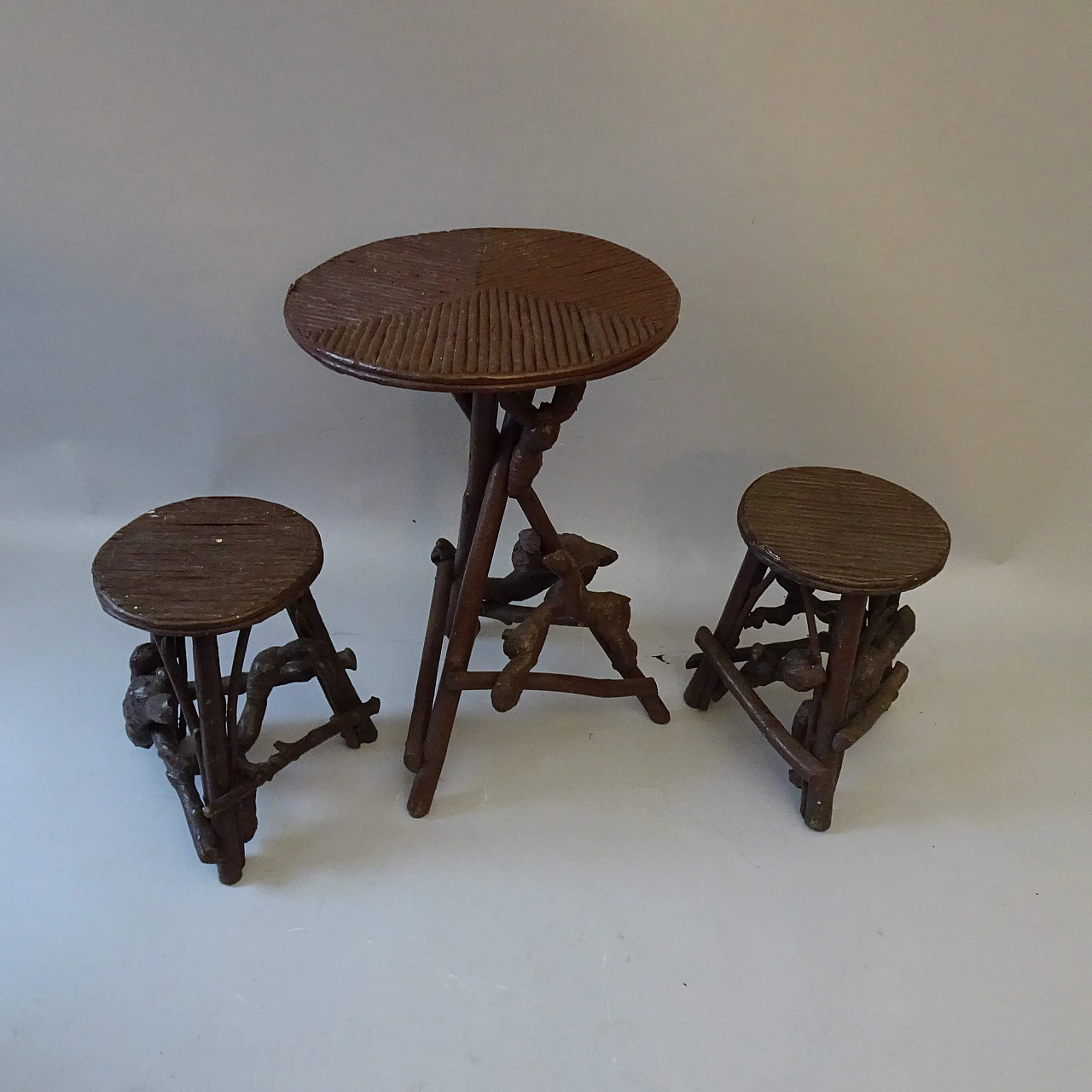 Coffee table and pair of stools in wood and bamboo, 1930s 1378213