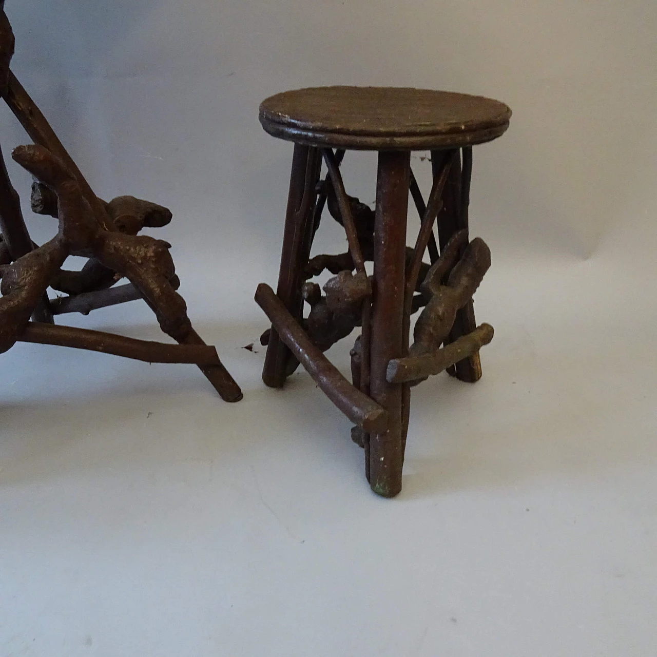 Coffee table and pair of stools in wood and bamboo, 1930s 1378215