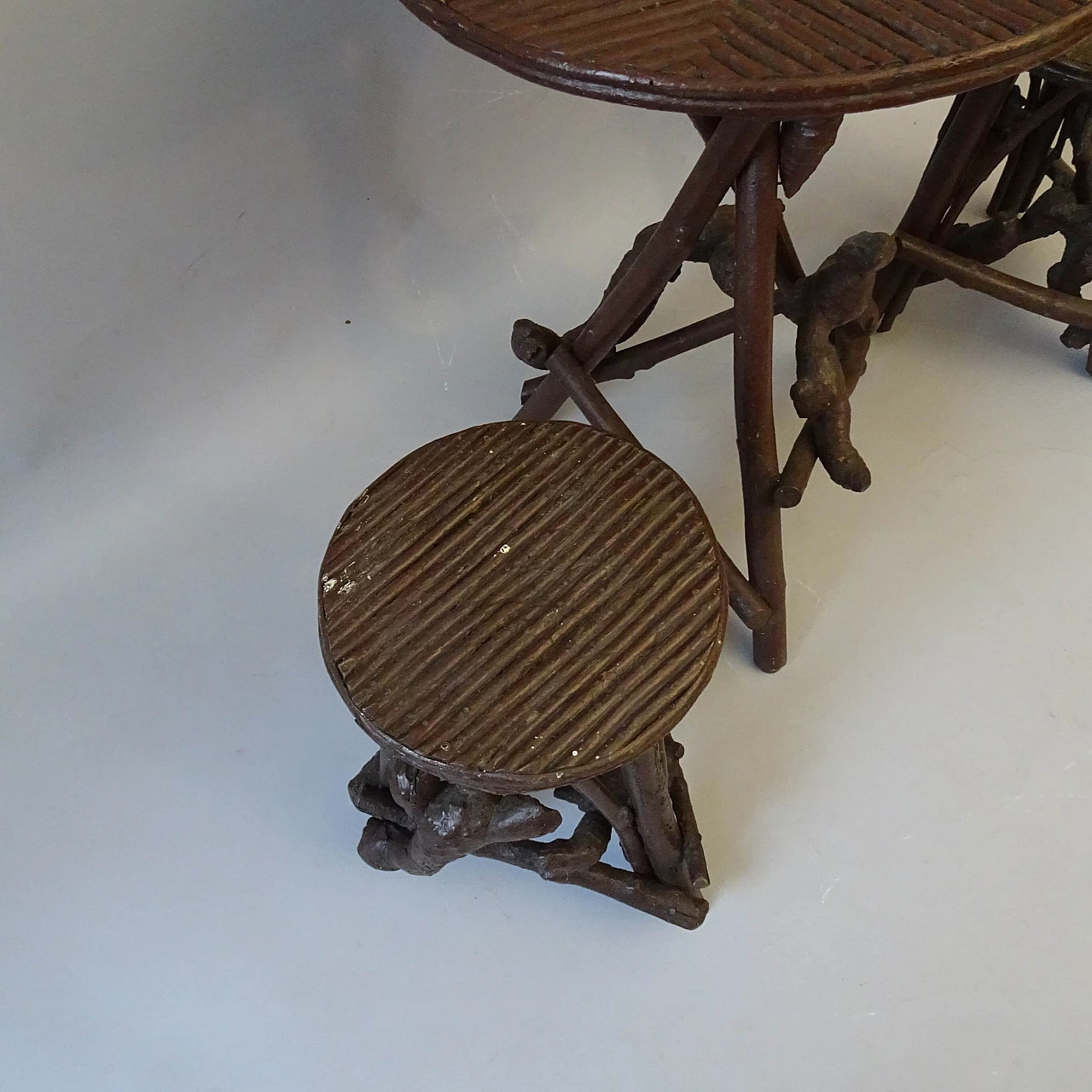 Coffee table and pair of stools in wood and bamboo, 1930s 1378216