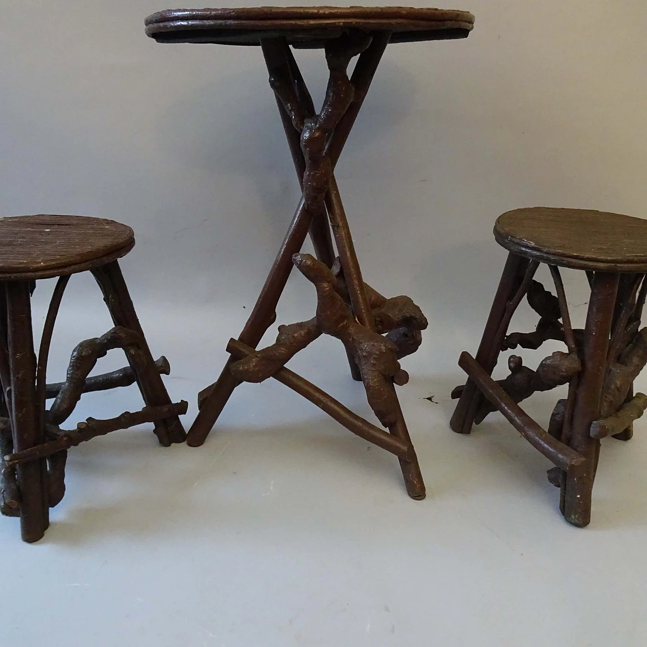 Coffee table and pair of stools in wood and bamboo, 1930s 1378217