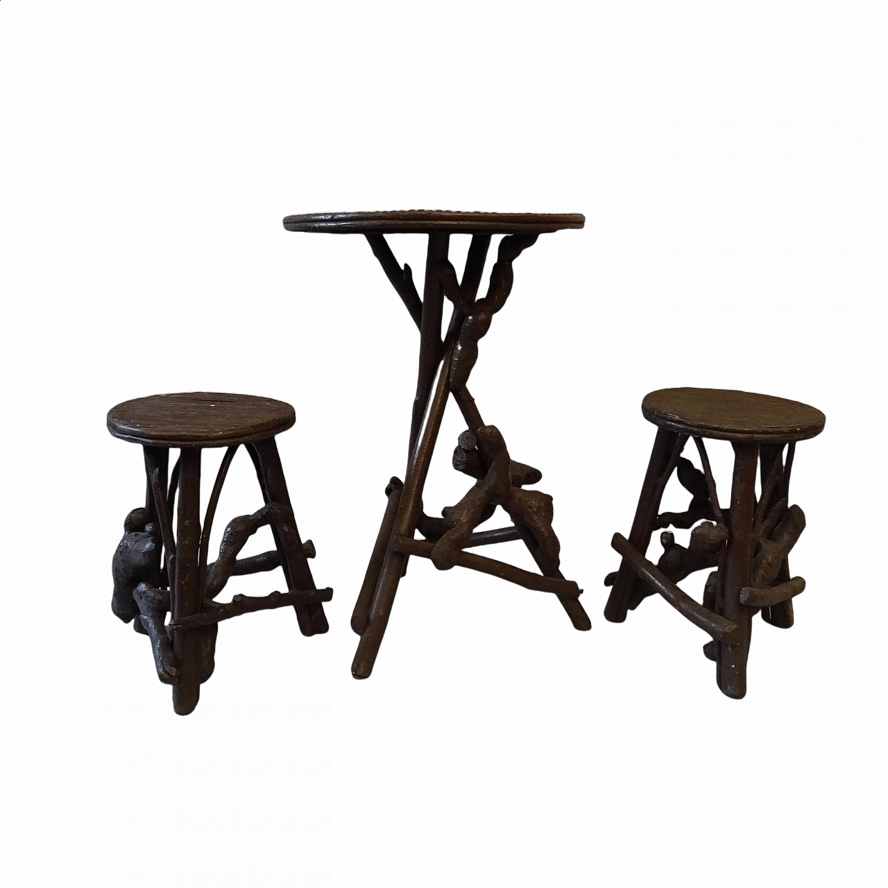 Coffee table and pair of stools in wood and bamboo, 1930s 1382080