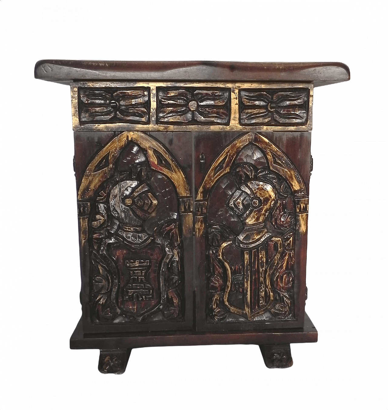 Medieval style carved sideboard with Knights Templar, 1940s 1382604