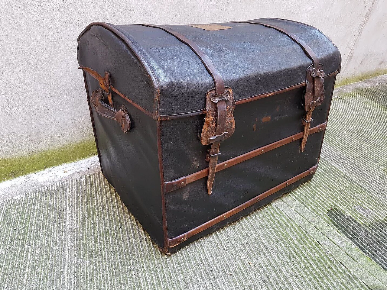 Trunk in wood, leather and fabric, 30s 1386996