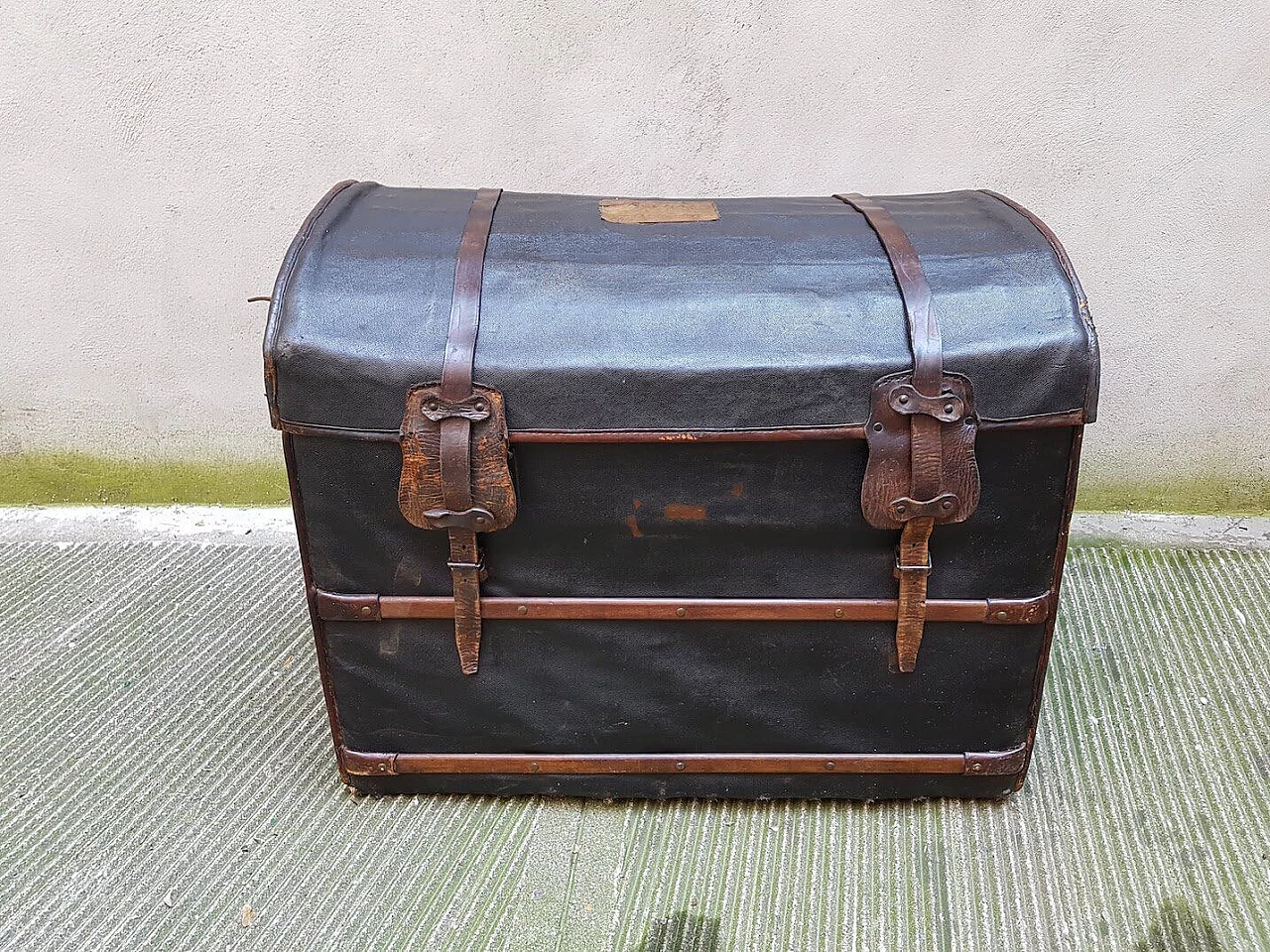 Trunk in wood, leather and fabric, 30s 1386997