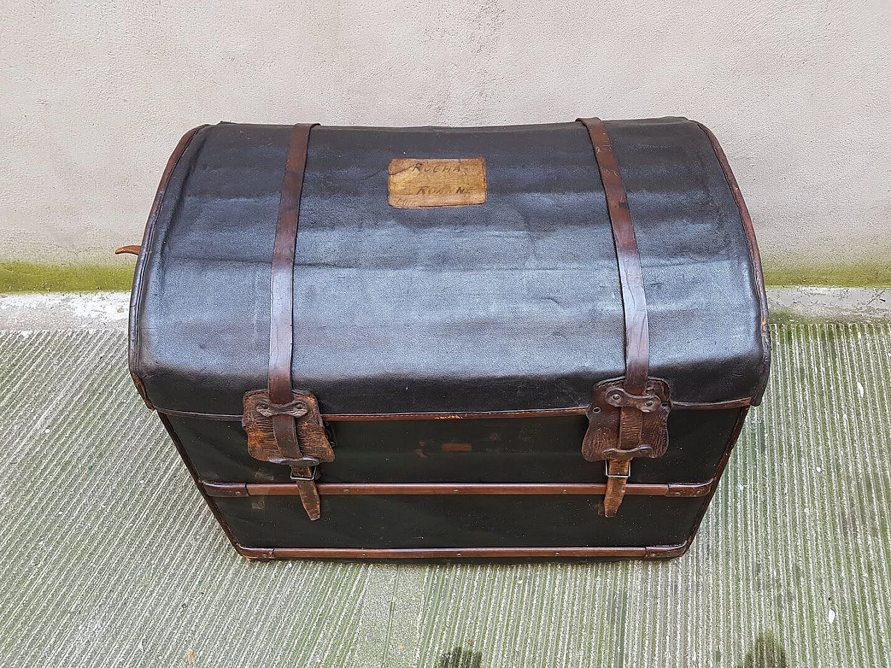 Trunk in wood, leather and fabric, 30s 1386999