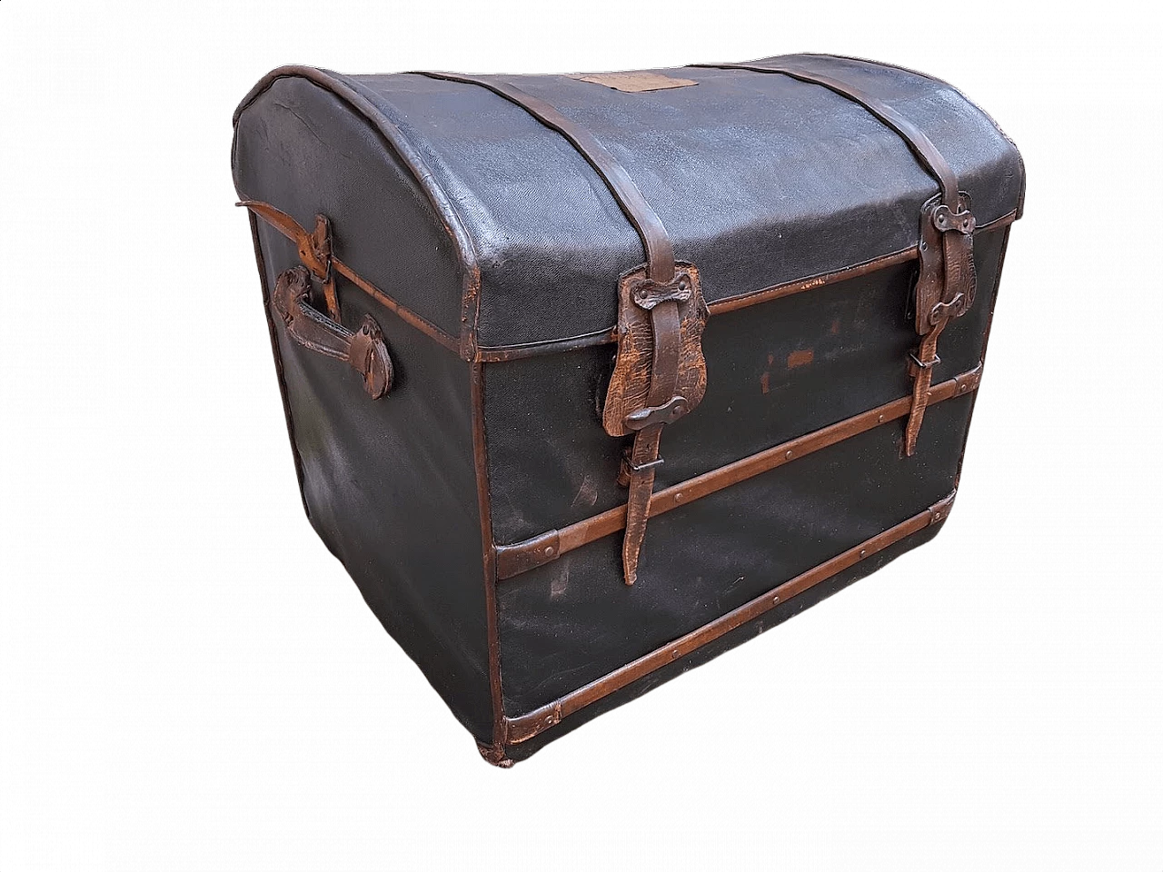 Trunk in wood, leather and fabric, 30s 1394531