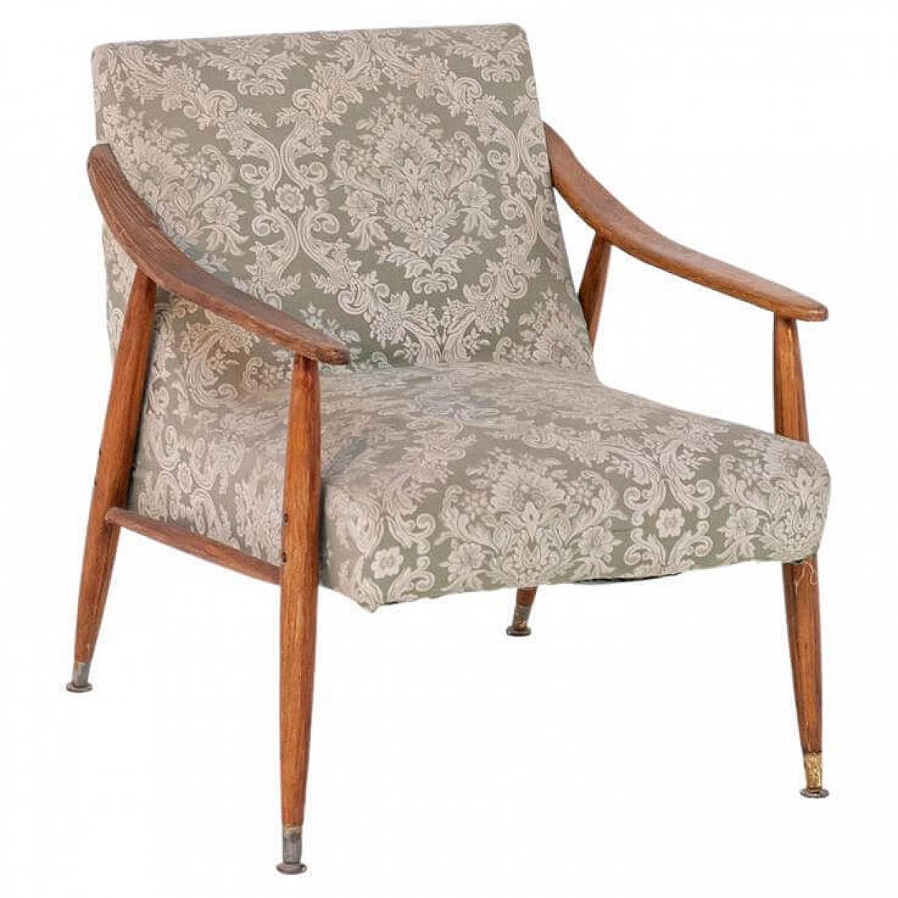 Wooden armchair with damask fabric cover, 1950s 1399225