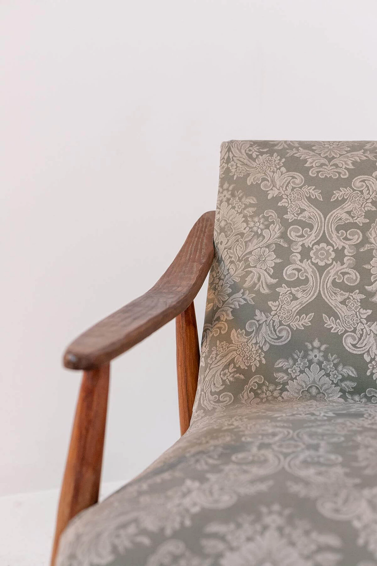 Wooden armchair with damask fabric cover, 1950s 1399228