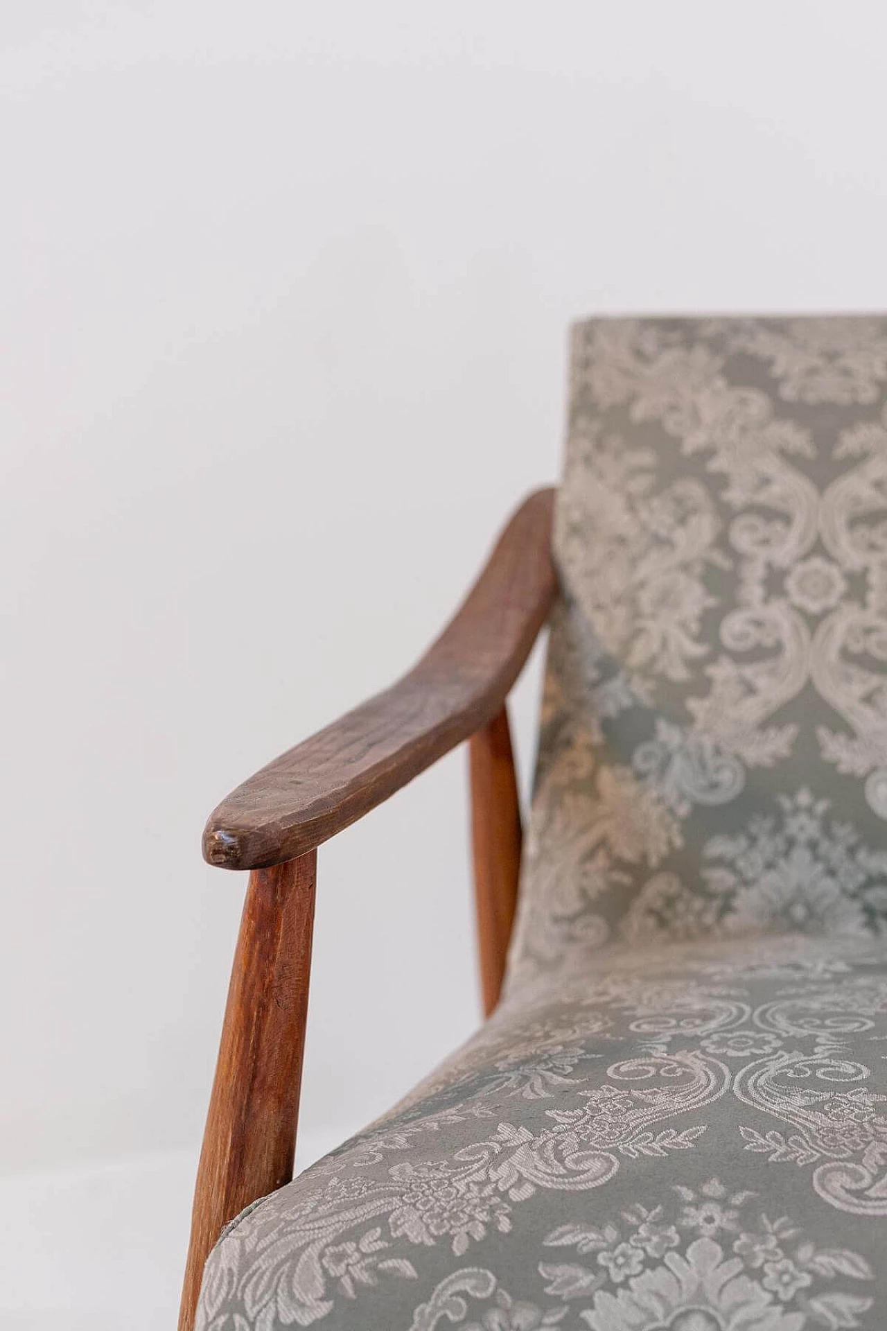 Wooden armchair with damask fabric cover, 1950s 1399229