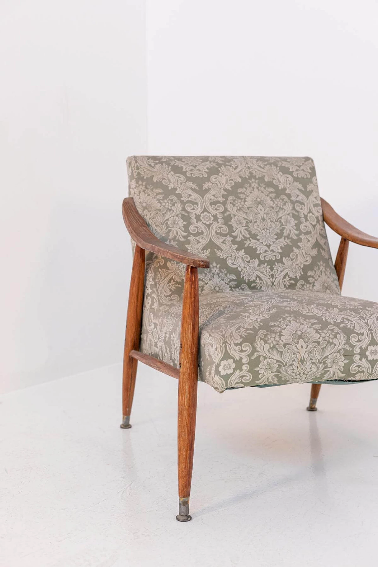 Wooden armchair with damask fabric cover, 1950s 1399230