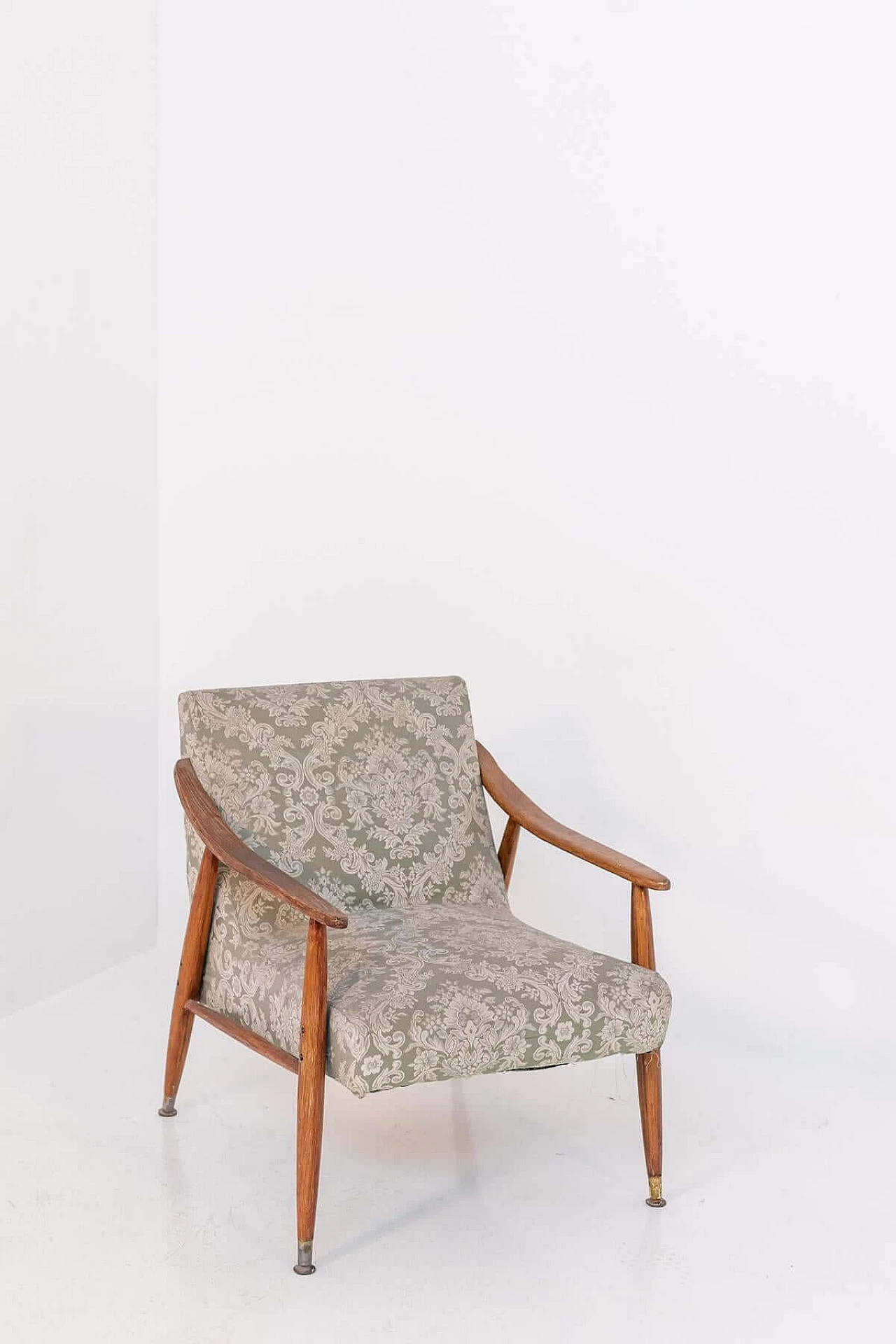 Wooden armchair with damask fabric cover, 1950s 1399231