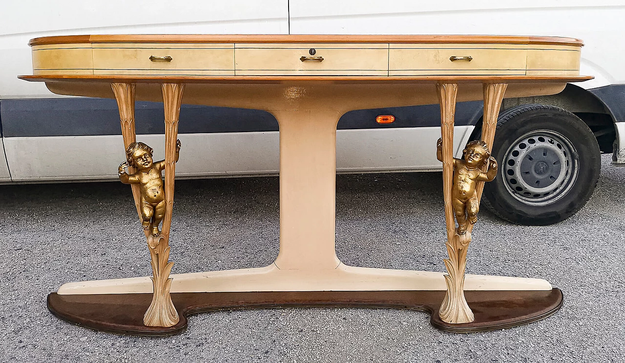 Console in wood and parchment with glass top and brass decorations by Associazione Artigiani Canturini del mobile, 50s 1470237