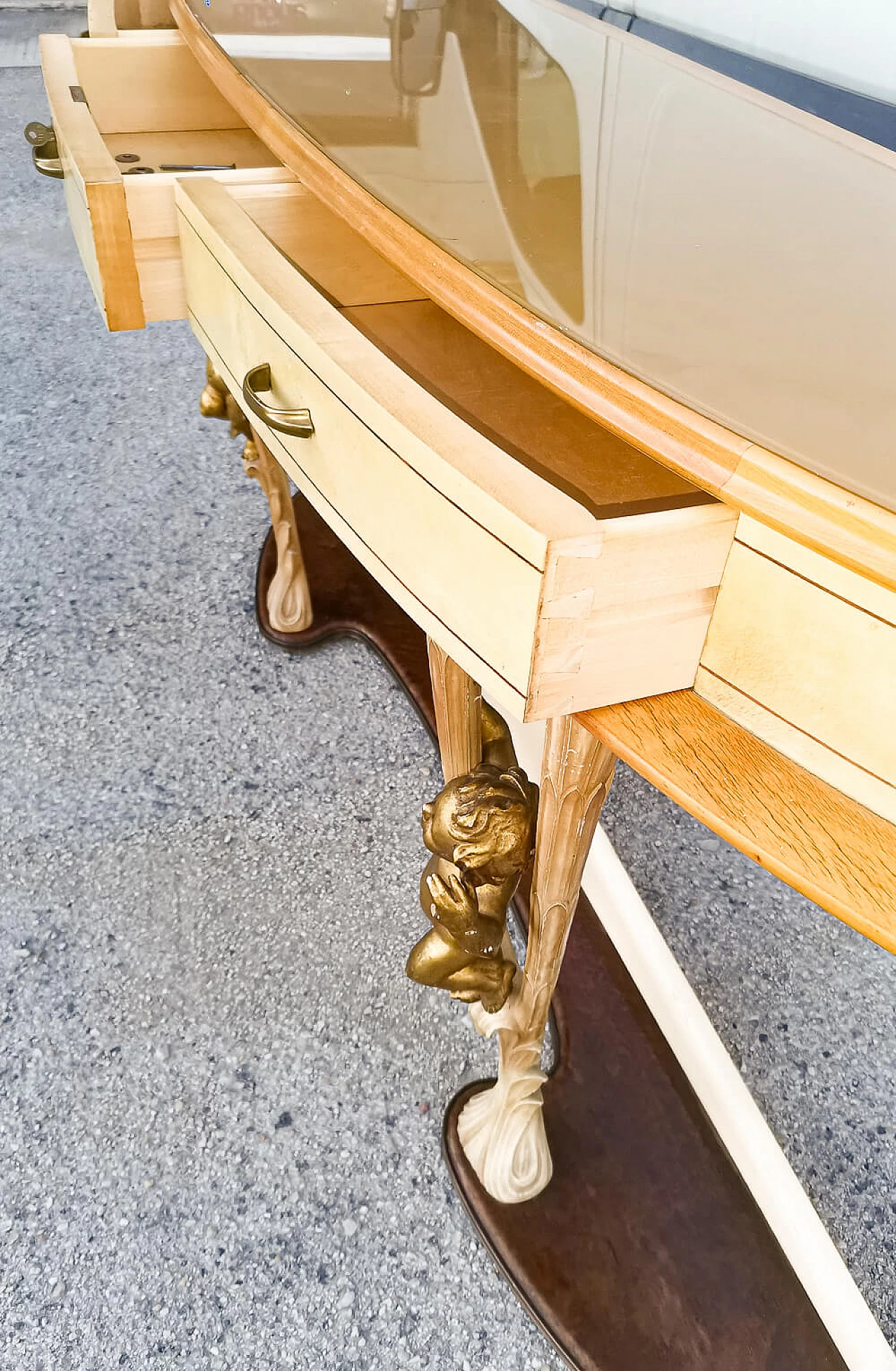 Console in wood and parchment with glass top and brass decorations by Associazione Artigiani Canturini del mobile, 50s 1470240