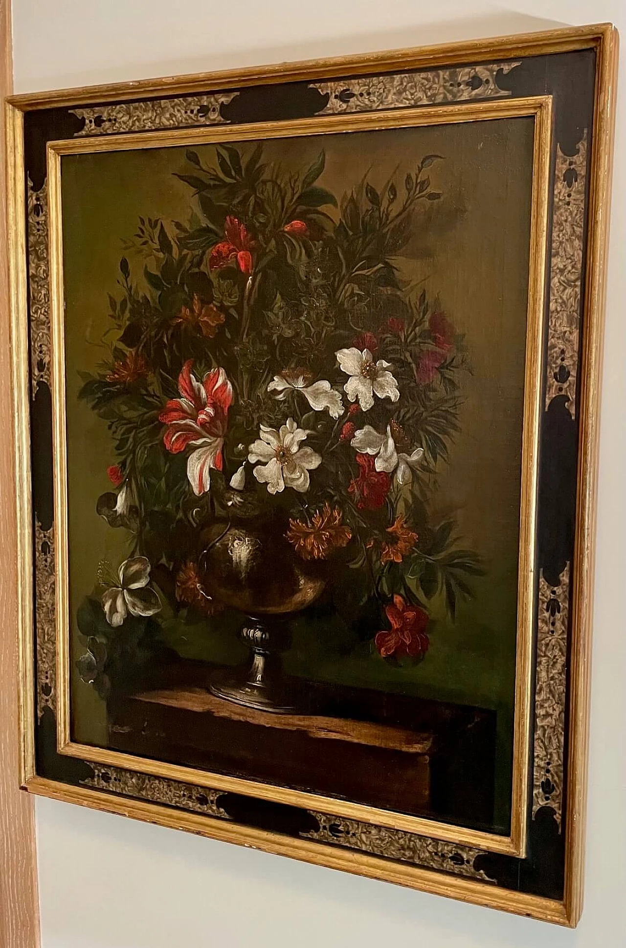 Still life painting with metal vase and flowers from the circle of Scacciati, 17th century 1473256