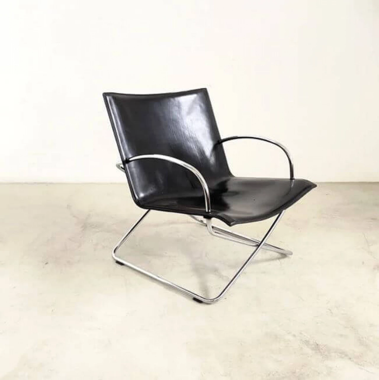 Metal and black leather armchair, 1970s 1473680