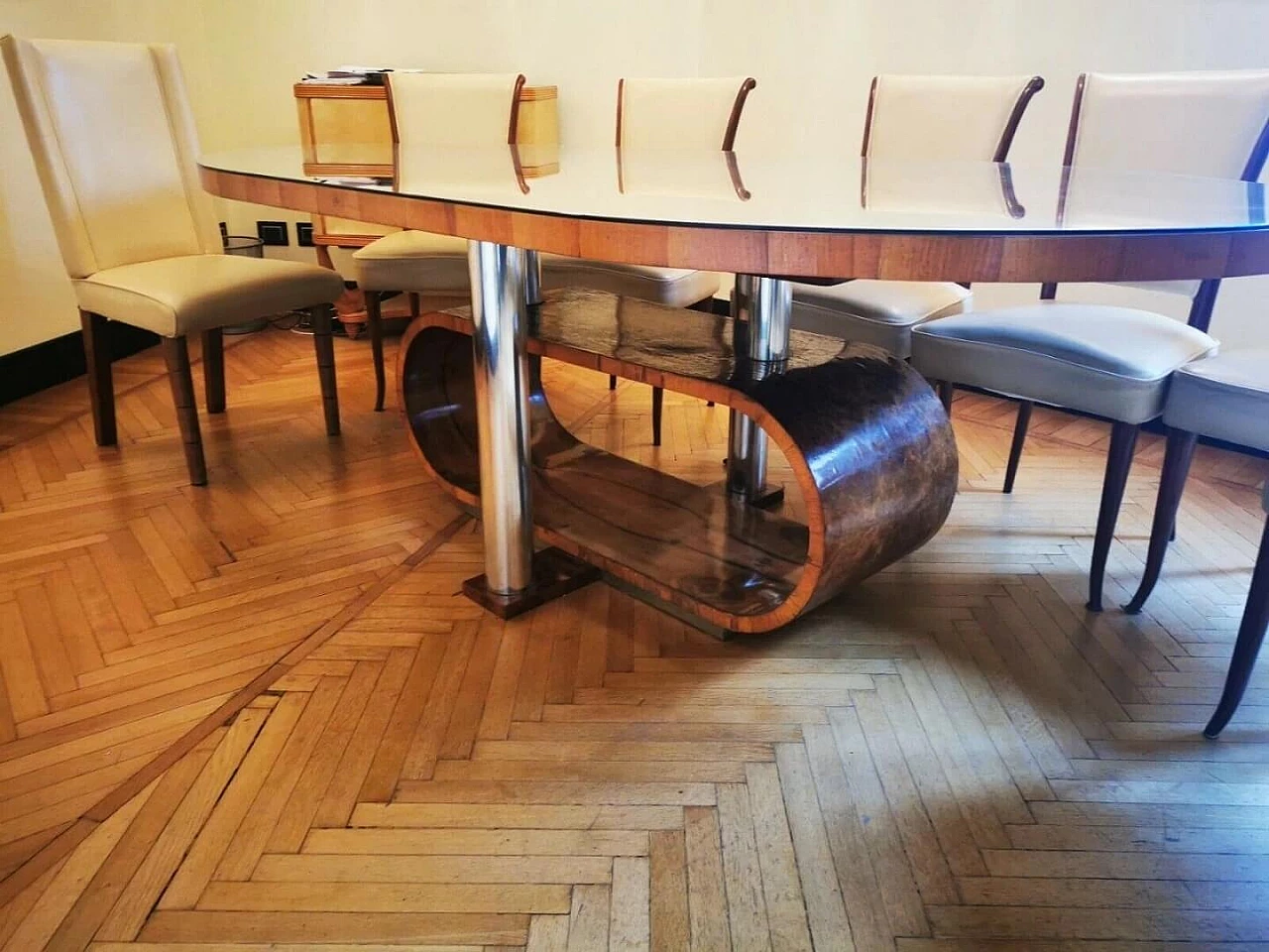 Art Deco table in walnut root, crystal and steel, 1930s 1480116