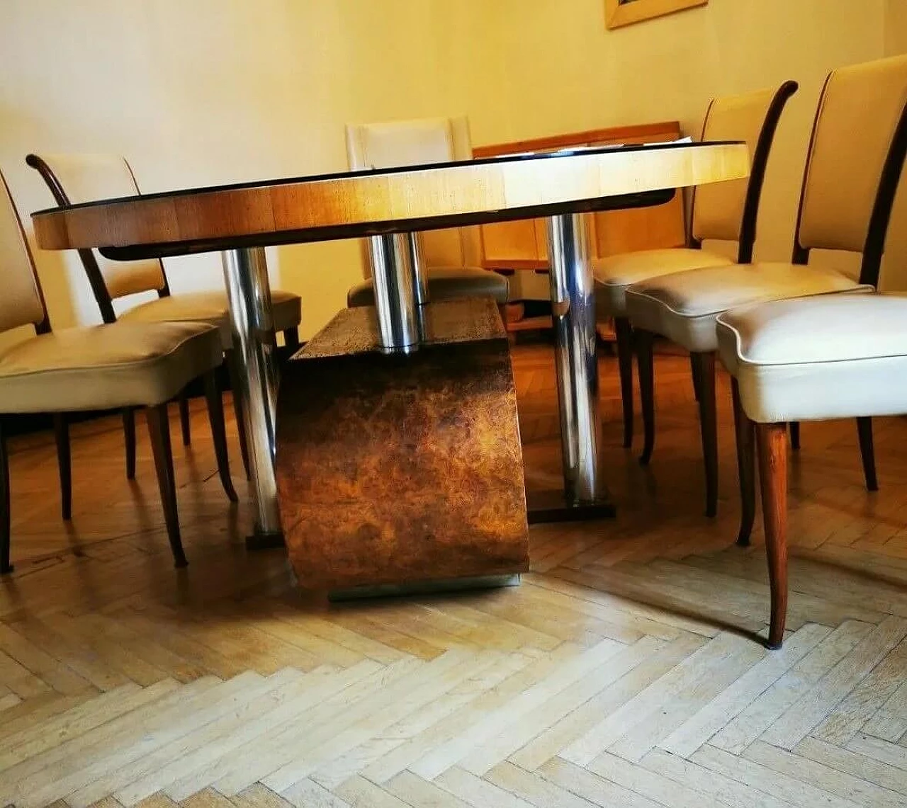 Art Deco table in walnut root, crystal and steel, 1930s 1480118