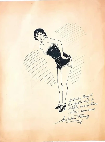 Micheline Ferruiz, ink drawing of a girl in a guêpière, 1929