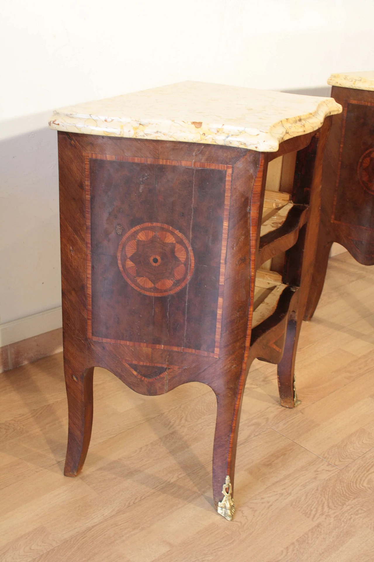 Pair of Louis XV style bedside tables in wood and briarwood, 1920s 1353913