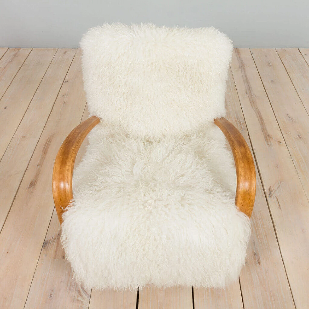 Pair of Jindrich Halaba sheepskin armchairs 269, 1930s 4