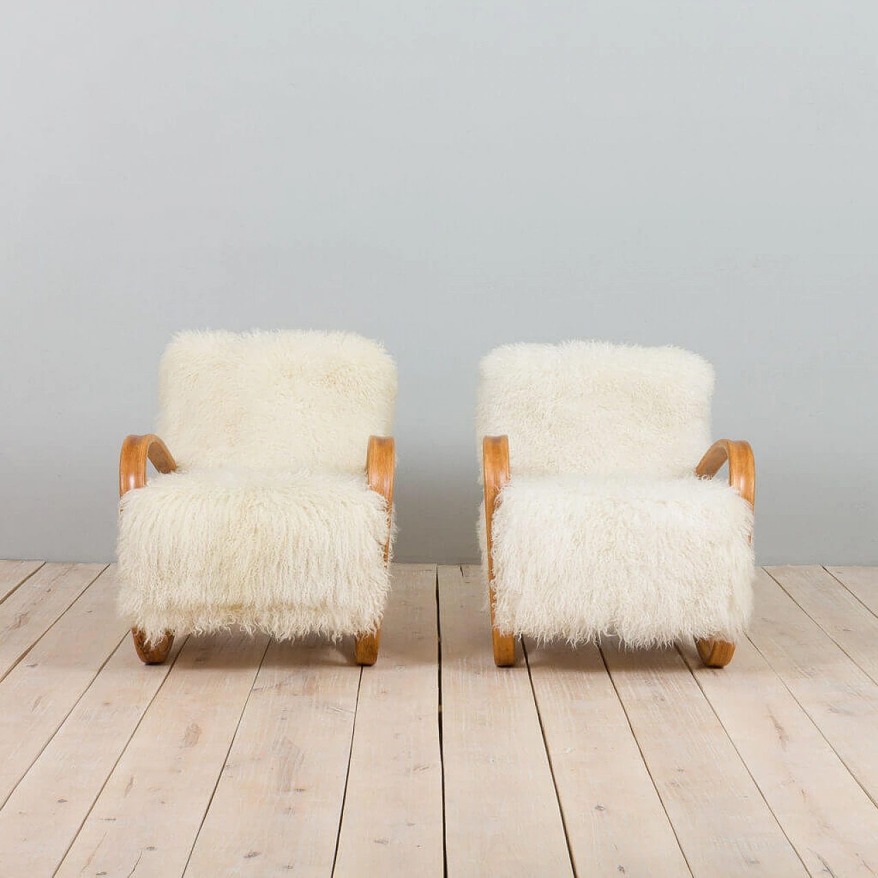 Pair of Jindrich Halaba sheepskin armchairs 269, 1930s 10