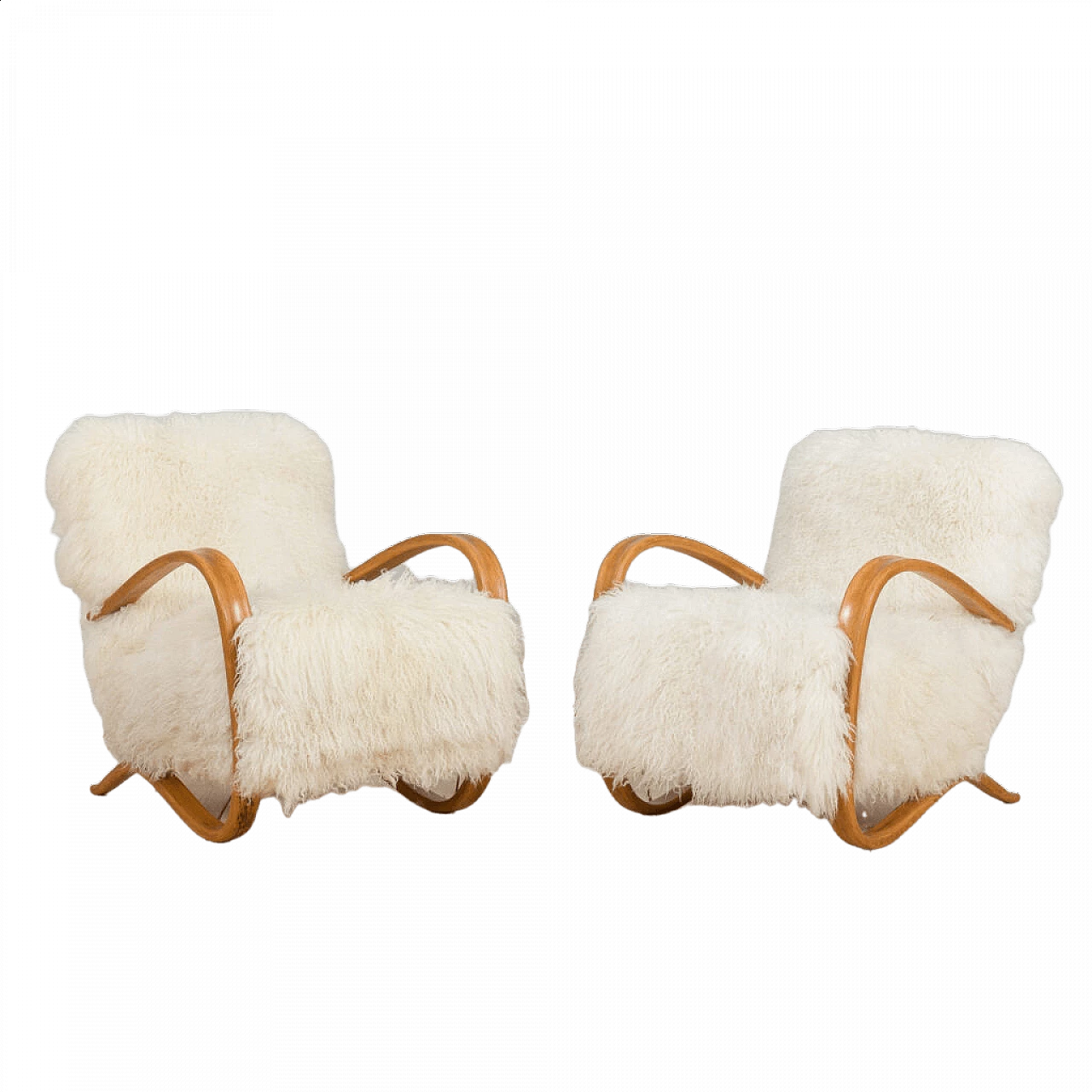 Pair of Jindrich Halaba sheepskin armchairs 269, 1930s 12