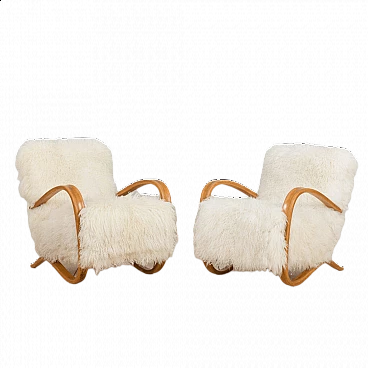 Pair of Jindrich Halaba sheepskin armchairs 269, 1930s