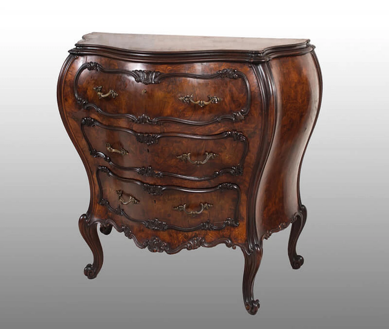 Louis XV style chest of drawers in walnut burl, 20th century 1