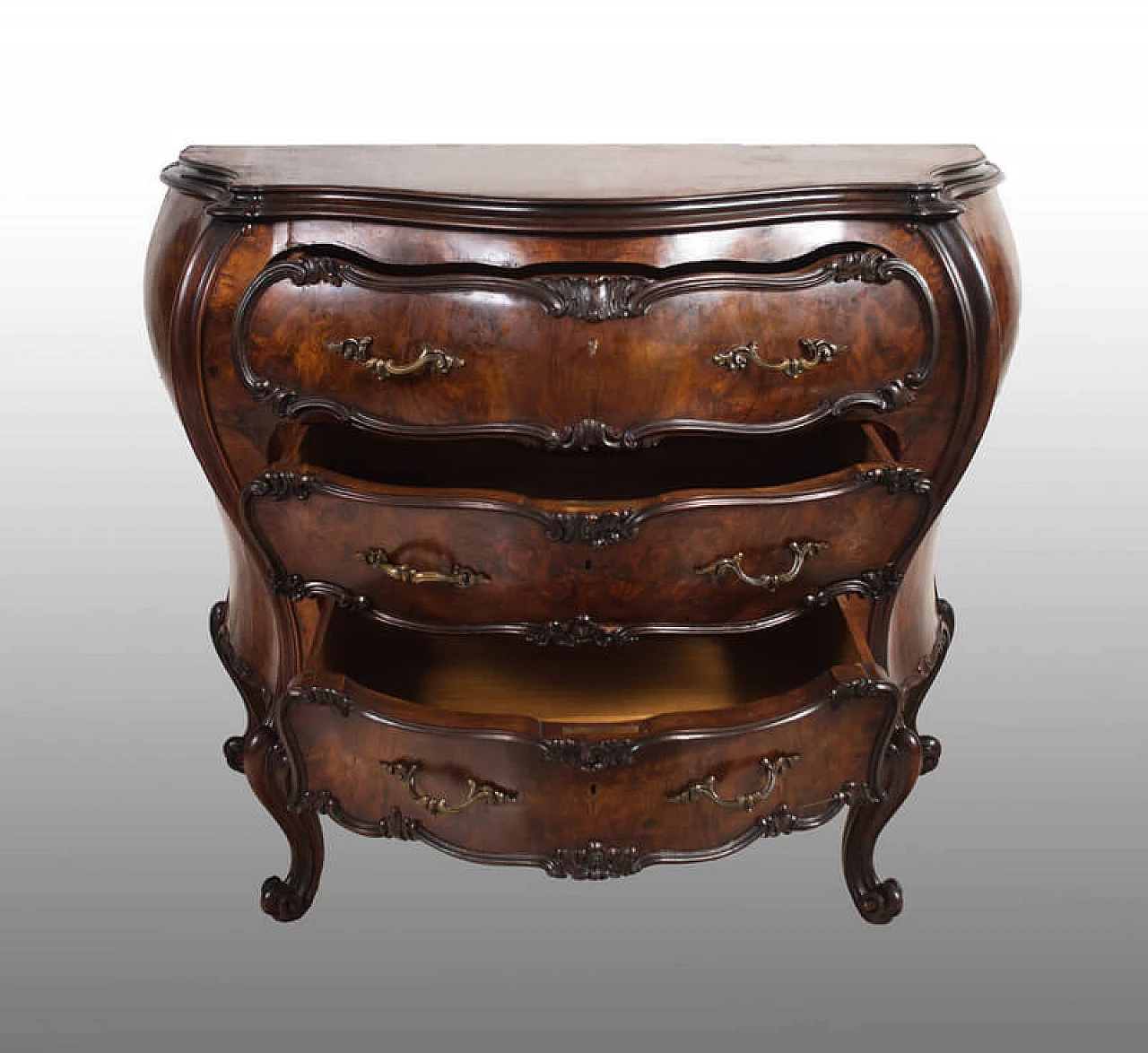 Louis XV style chest of drawers in walnut burl, 20th century 2