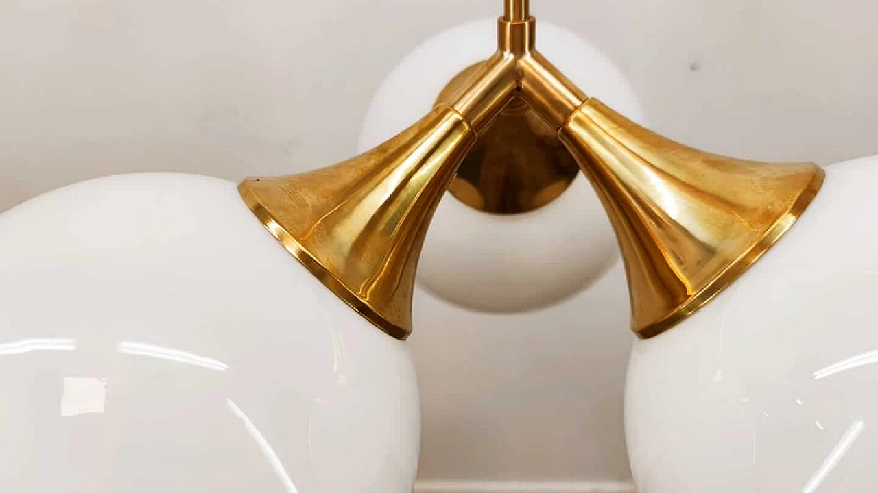 Brass chandelier with three polished spheres, 1970s 8